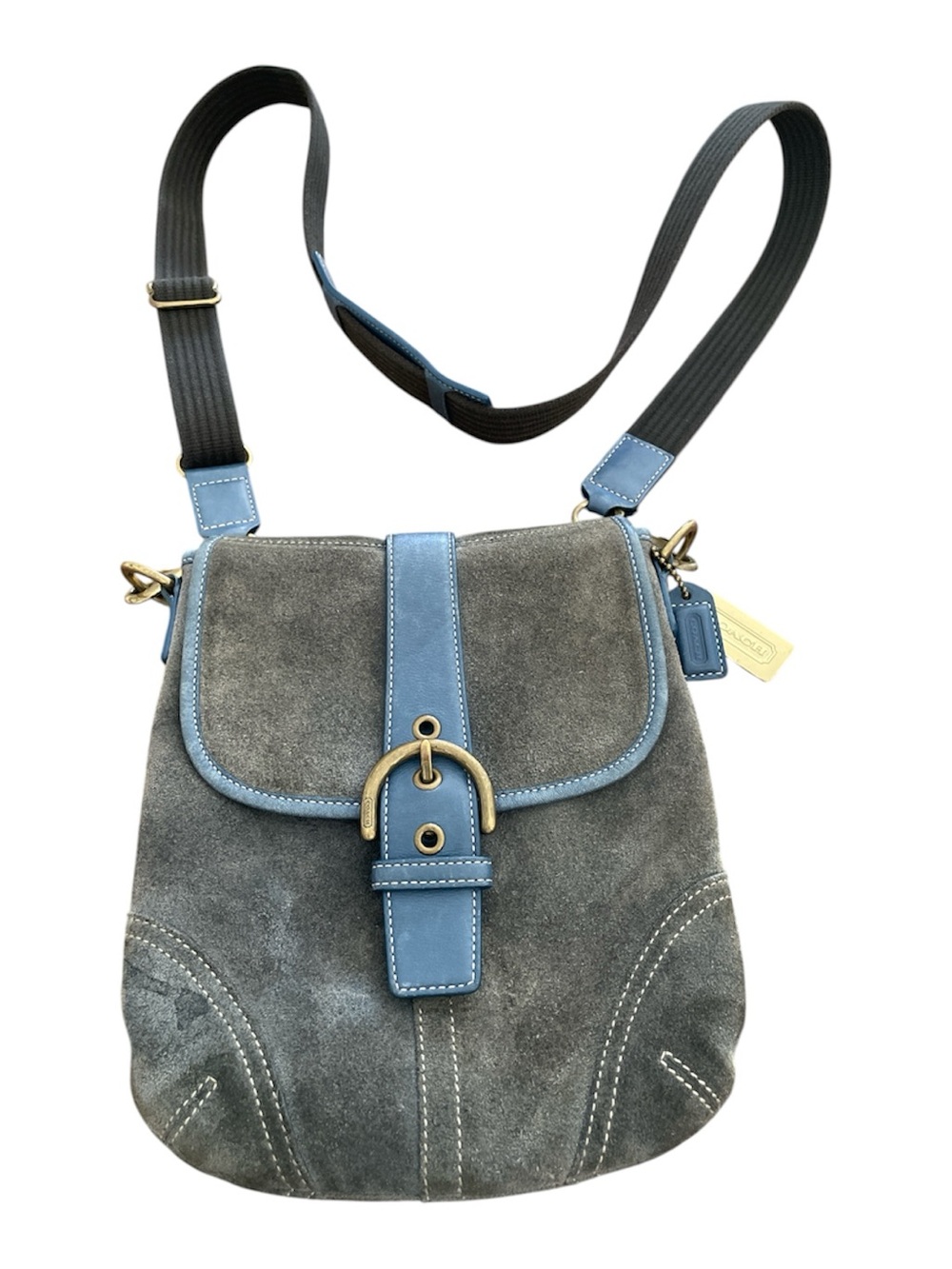 Coach Vintage Soho Gray Suede Crossbody with Blue Leather Trim (rare)